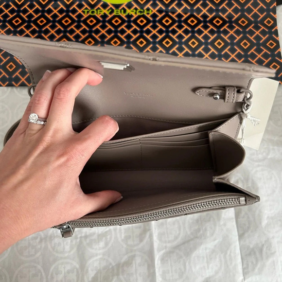 Tory Burch Willa Matte Chain Wallet Crossbody Bag Gray Heron Silver Grey - Picture 9 of 12